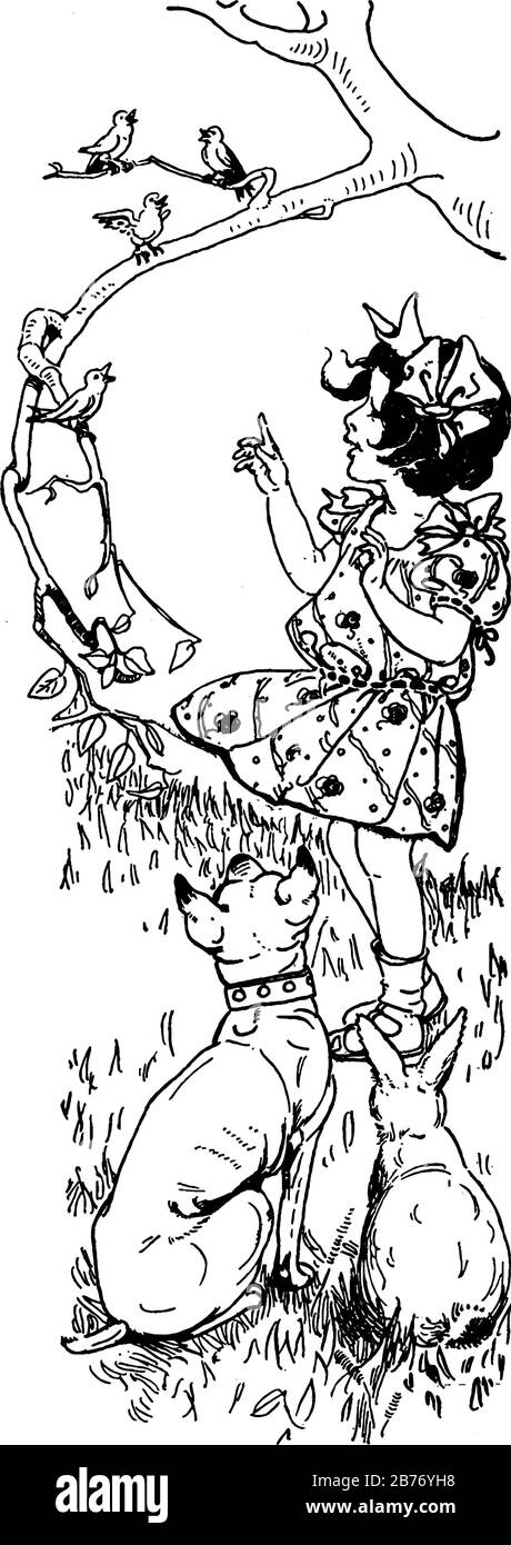 Mädchen draußen mit einem Hund und einem Kaninchen, das auf die Vögel auf einem Baumzweig blickt und zeigt, einzelne Mädchen in drei verschiedenen Bildern zeigt, die es zeigt Stock Vektor