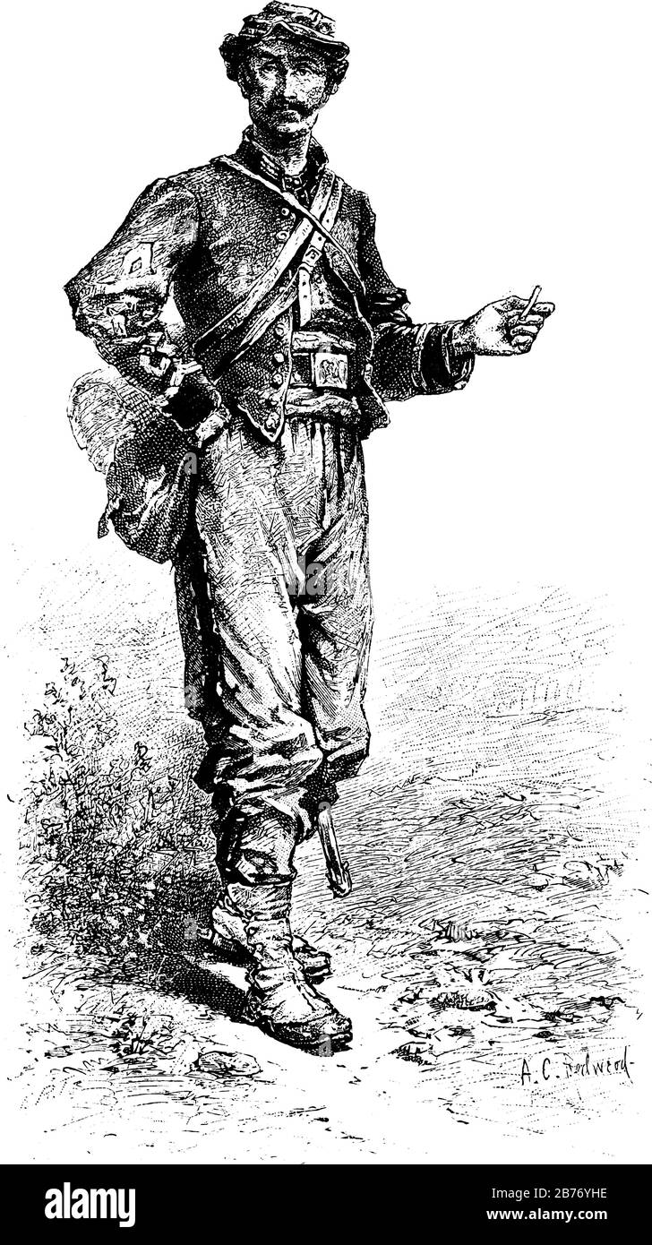 Porträt der frühen Tage unidentifizierter Soldat, der eine Zigarette in der Hand hält, Vintage-Zeichnung oder Gravier-Illustration. Stock Vektor