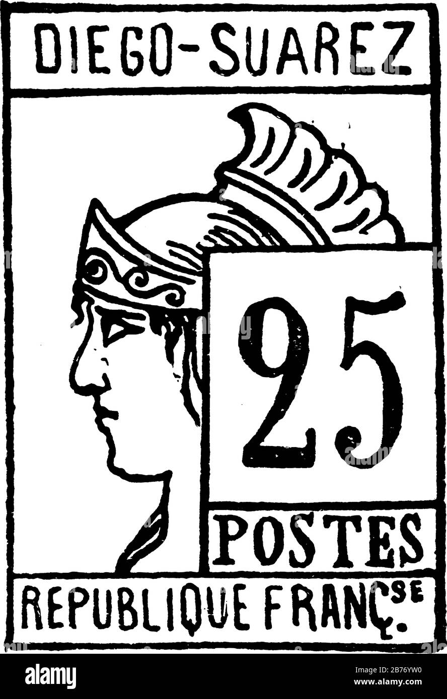 Diego Suarez Stempel (25 C) aus dem Jahr 1890. Diego-<unk> Ã¡rez ist eine Stadt an der Nordspitze von Madagaskar in der Provinz Antsiranana und war eine französische Kolonie, Vintag Stock Vektor