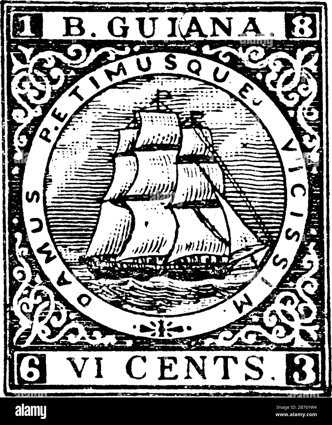 Britisch-Guayana-Stempel (6 Cent) aus dem Jahr 1863. Britisch Guayana (Guyana) war der Name der britischen Kolonie an der Nordküste Südamerikas, Jahrgang l. Stock Vektor Britisch-Guayana-Stempel (6 Cent) aus dem Jahr 1863. Britisch Guayana (Guyana) war der Name der britischen Kolonie an der Nordküste Südamerikas, Jahrgang l. Stock Vektor