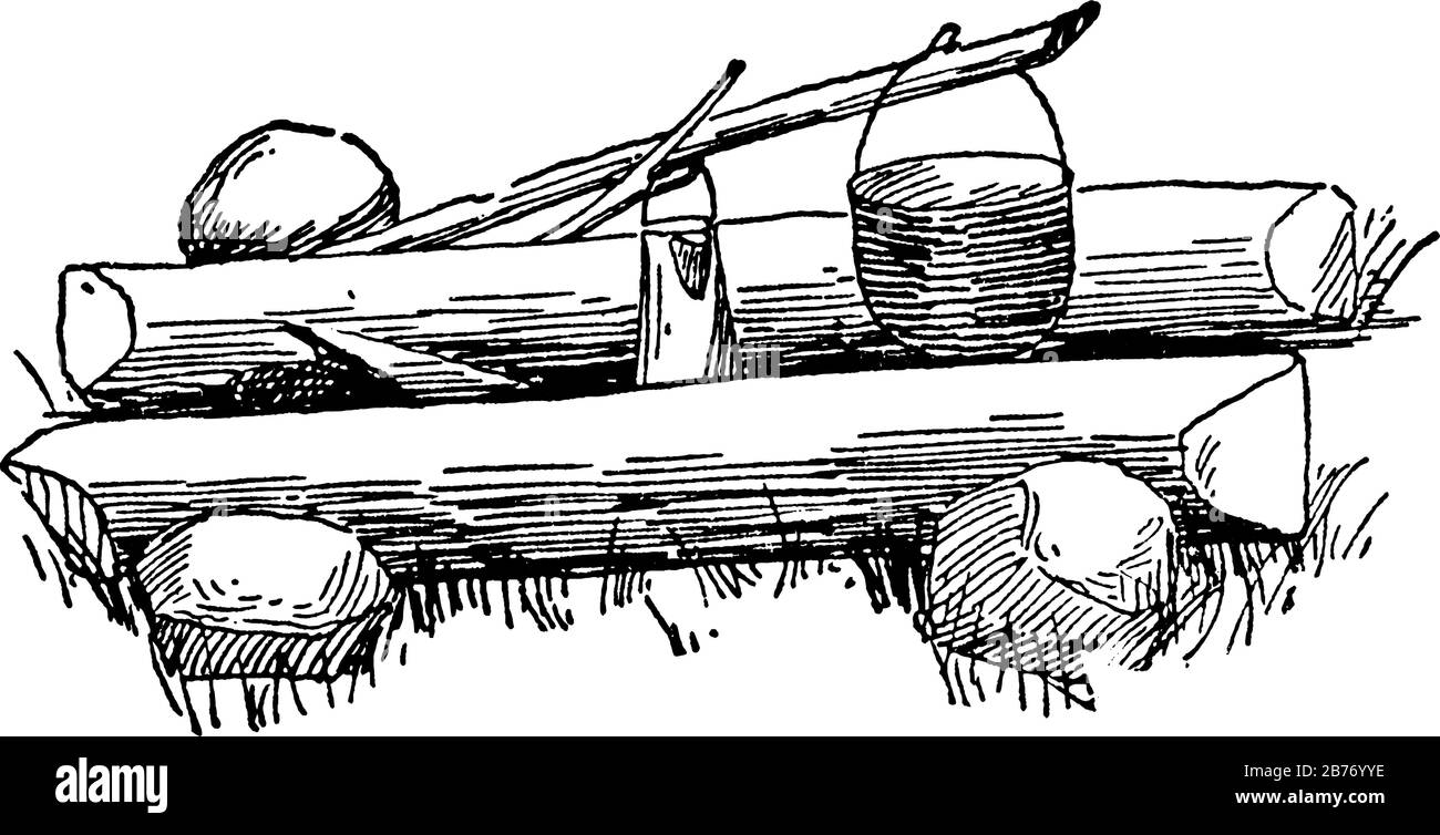 Eine Möglichkeit zum Bau eines Lagerfeuers, eines Freiluft-Feuers in einem Lager, das zum Kochen verwendet wird und als Brennpunkt für Freunde, um sich zu versammeln und großartige Zeit zu haben, Vintage-Linie Stock Vektor