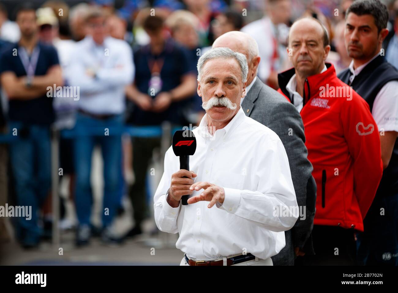 Jagen Sie Carey während einer Medienkonferenz nach der Annullierung des großen Preises der australischen Formel 1 2020 inmitten der Bedenken von Corona Virus (COVID-19). Stockfoto