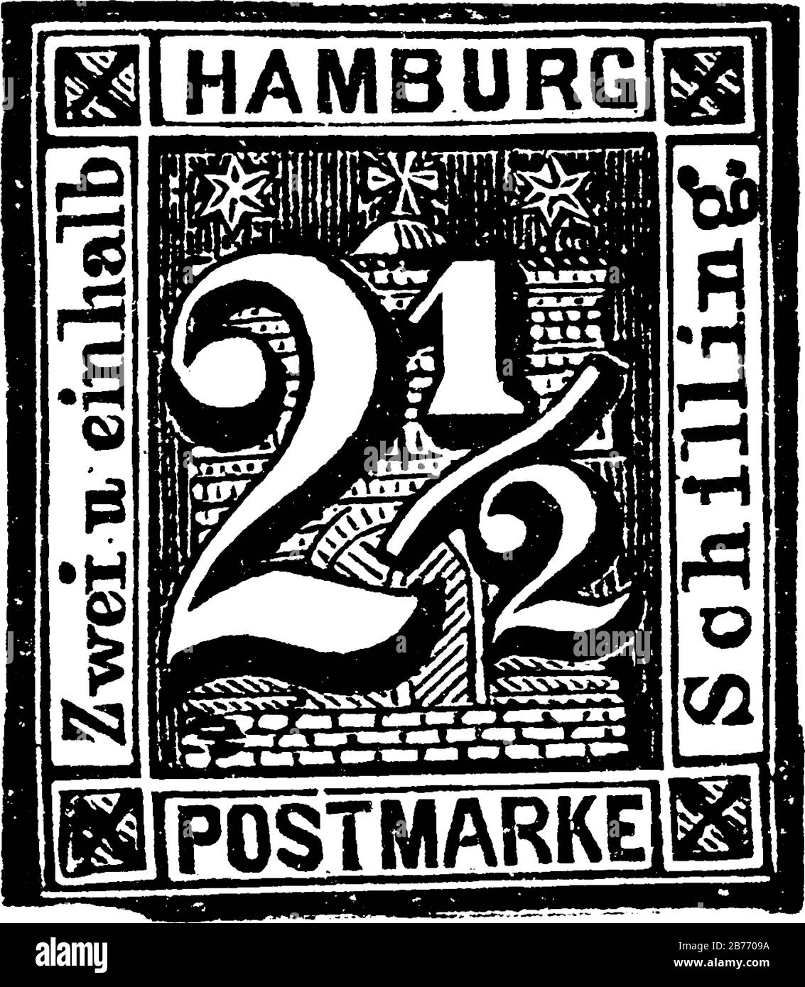 Hamburger Stempel (2-1/2 Schilling) aus dem Jahr 1864, ein kleines Klebepapier, das an etwas feststeckt, um einen gezahlten Geldbetrag zu zeigen, hauptsächlich eine Briefmarke, Stock Vektor