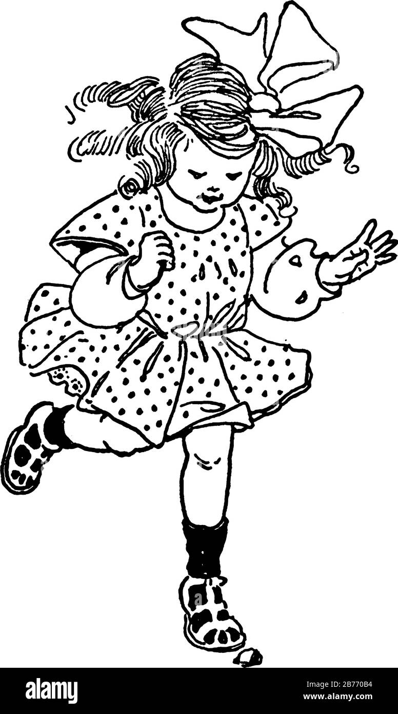 Ein Mädchen, das hopscotch spielt, über den Stein hüpft und darin drei verschiedene Bildgrößen zeigt, ein Mädchen mit einem Kleid mit Präettigkeit, das einen Rock in drei Imag trägt Stock Vektor