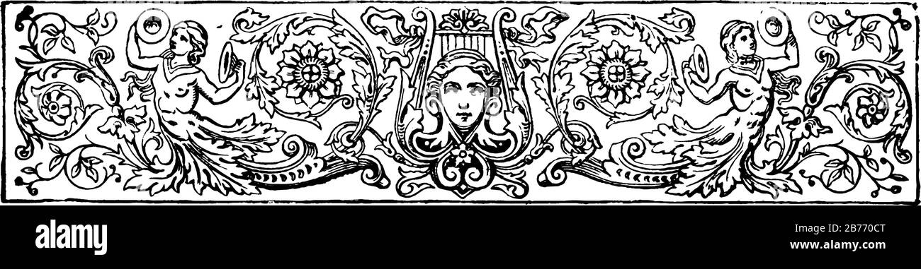 Ein dekorativer Unterteiler mit griechischen Statuen, Musikinstrumenten und Blumen, Vintage-Zeichnung oder Gravurdarstellung. Stock Vektor