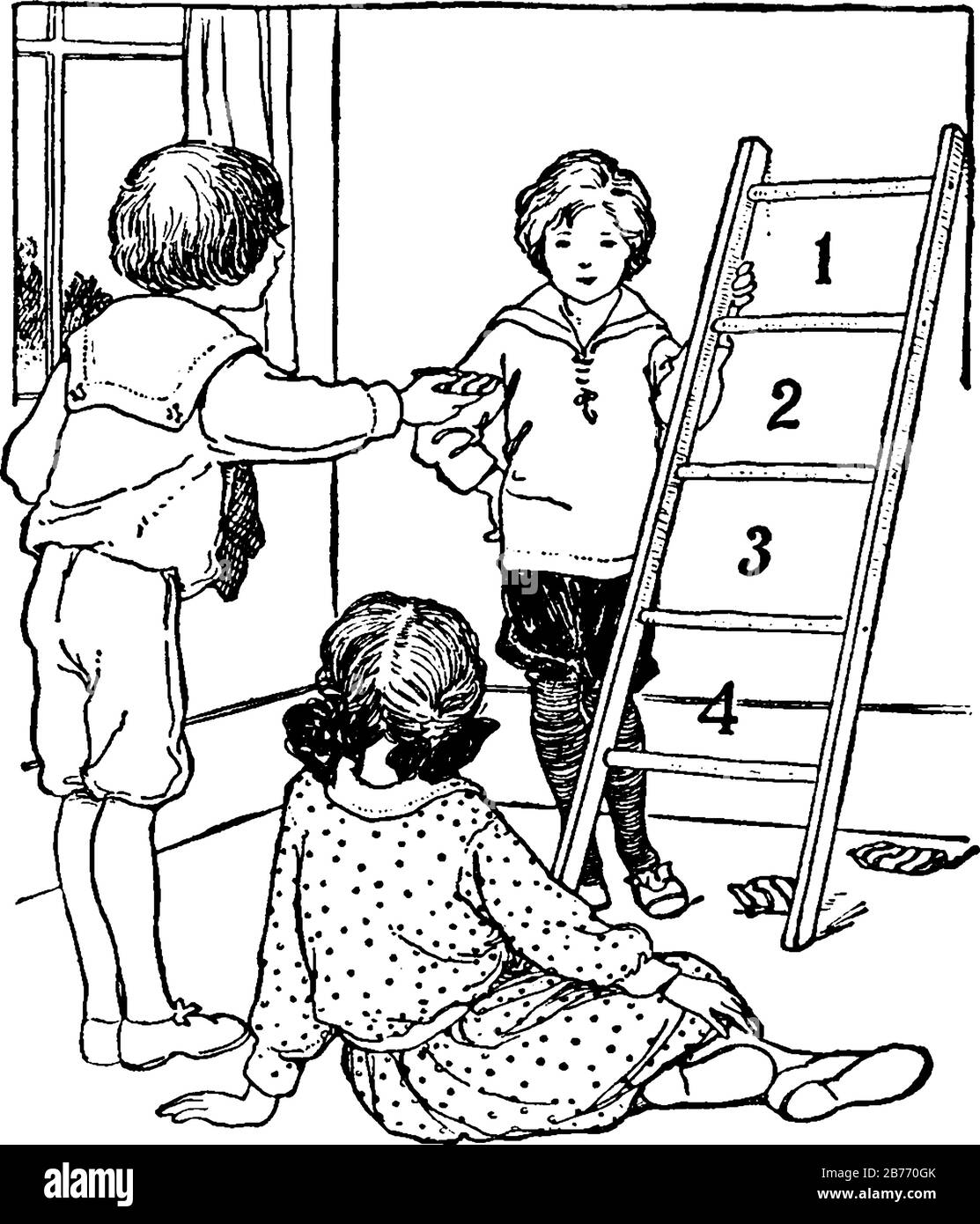 Drei Kinder spielen ein Leiterspiel und werfen Bohnensäcke zwischen den Leiterbahnen. Das Punktesystem des Spiels ist im Bild dargestellt, es zeigt das t Stock Vektor