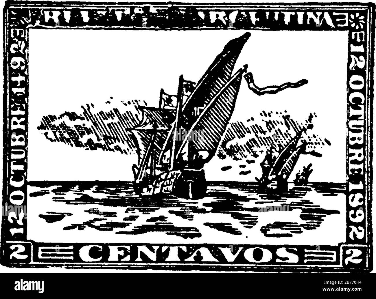 Argentinische Republik hundertjährige Briefmarke (2 Zentavos) von 1892 - 12. Oktober 1892, ein selbstklebendes Papierstück, das feststeckt, um einen zu zahlenden Geldbetrag zu zeigen, Stock Vektor