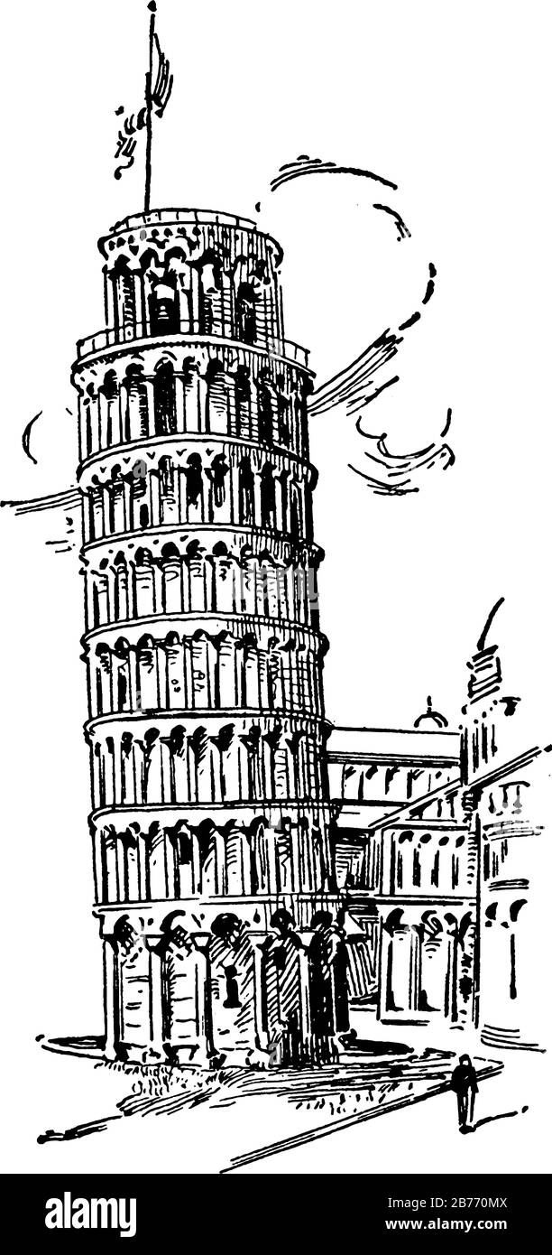 Der Schiefe Turm von Pisa, der drei verschiedene Bildgrößen in pisa zeigt, zeigt die darin befindlichen italienischen Gebäude und Denkmäler, die klassische Strichzeichnung oder Stock Vektor