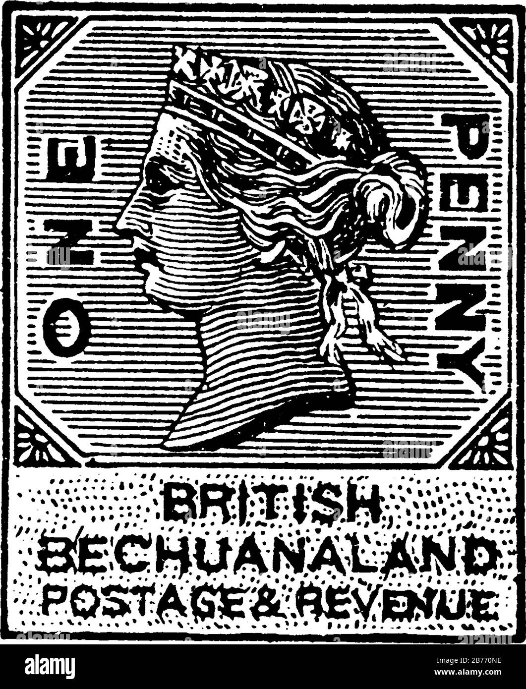 Britischer Bechuanaland Stempel (1 Penny) aus dem Jahr 1881a, ein kleines selbstklebendes Stück Papier steckte an etwas fest, um eine Menge an gezahltem Geld zu zeigen, Vintage Line d Stock Vektor