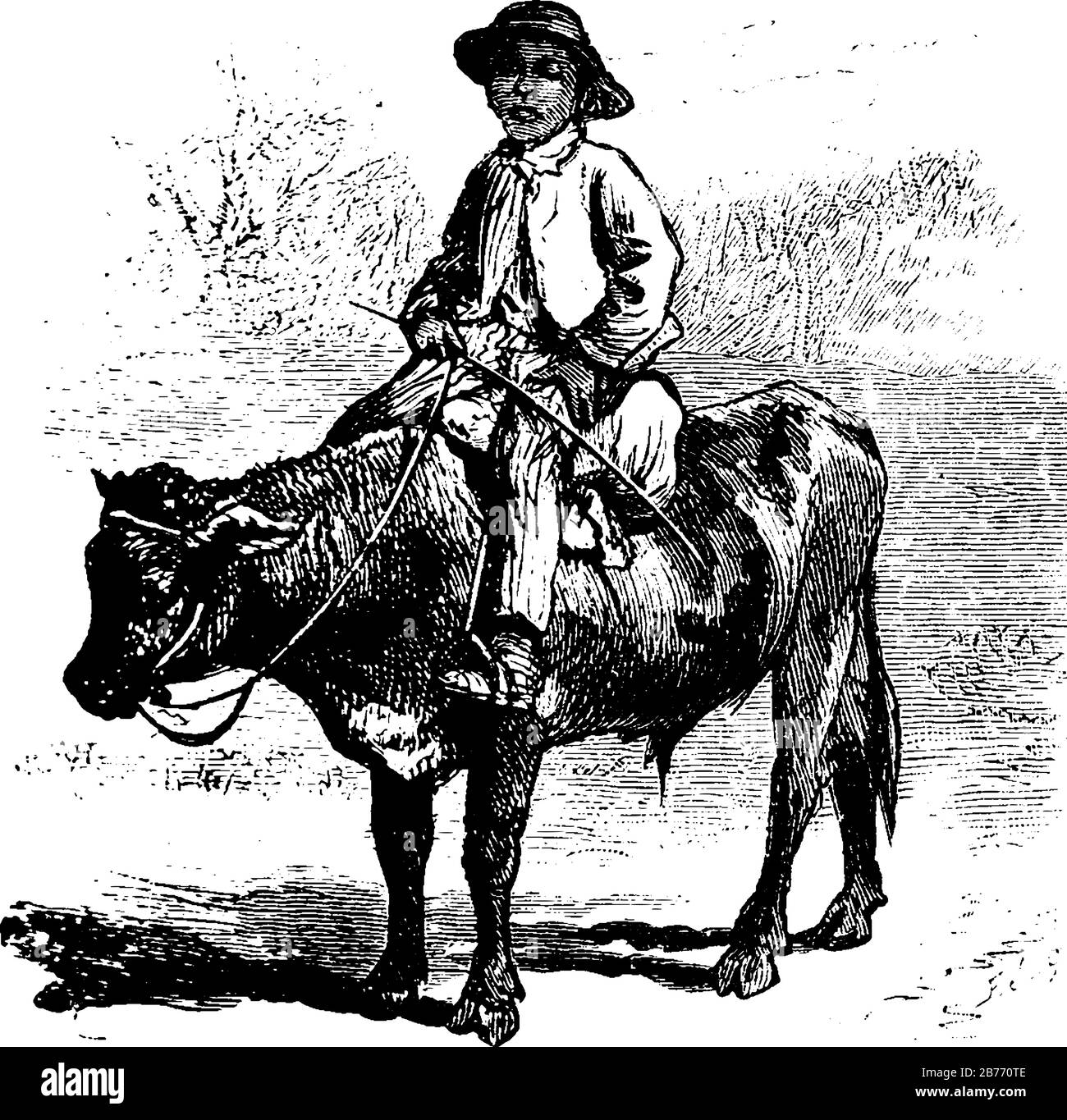 Kleiner Junge mit rundem Huthalter und einer Kuh, Vintage-Zeichnung oder Gravier-Illustration. Stock Vektor