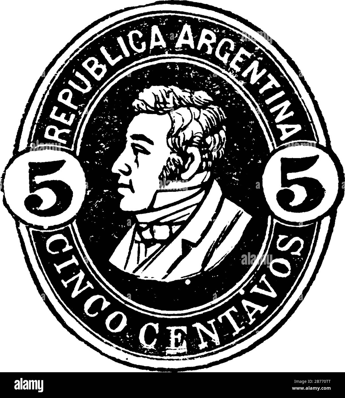 Briefumschlag der Argentinischen Republik (5 centavos) aus dem Jahr 1876 wurde n selbstklebendes Papierstück eingeklemmt, um eine Geldmenge zu zeigen, die bezahlt wurde, hauptsächlich eine Briefmarke, Stock Vektor