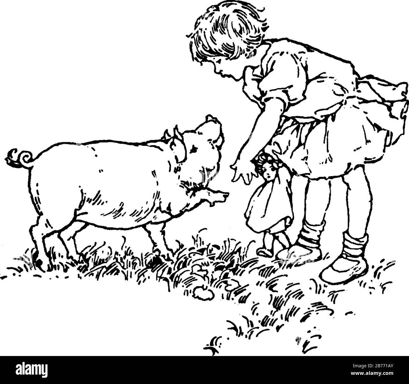 Das Bild zeigt ein kleines Mädchen, das ihre Puppe hält und mit einem Schwein spricht, mit großem Kopf, langen Schnauze, kleinen abgerundeten Ohren und einem borstigen spärlichen Haar, Stock Vektor