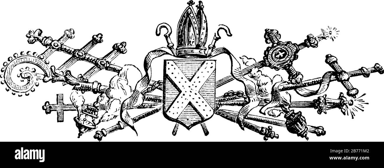 Royal Doodad mit ornamentiertem Kreuz und Schild in der Mitte, Vintage-Linie Zeichnung oder Gravur Illustration. Stock Vektor