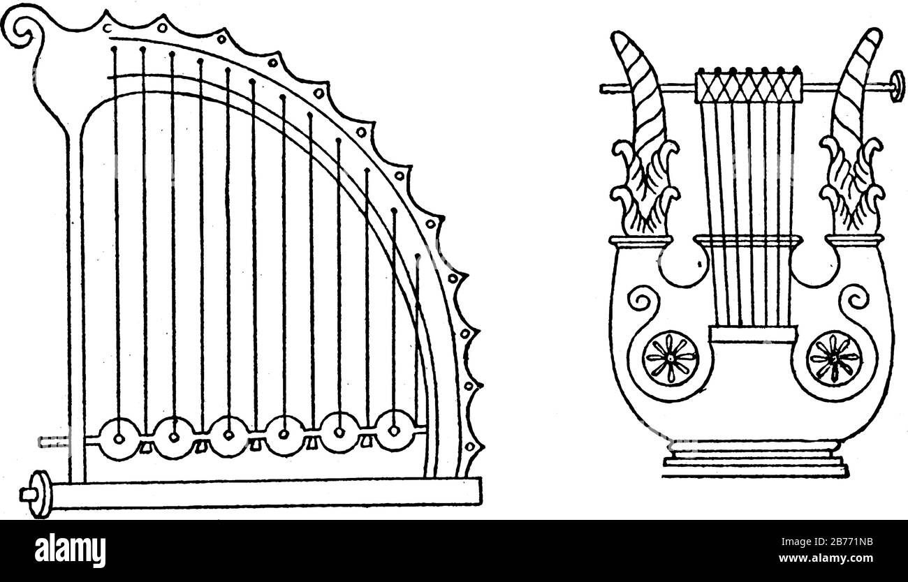 Zwei Formen der altgriechischen Lyre, Saiten sind an einem Joch befestigt, das in derselben Ebene wie der Tontisch liegt und aus zwei Armen und einem Kreuzba besteht Stock Vektor