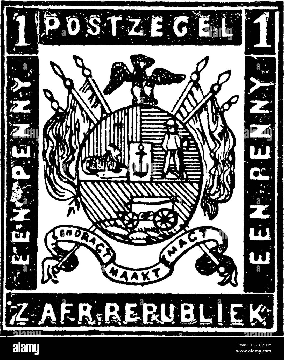Stempel der südafrikanischen Republik (1 Cent) aus dem Jahr 1870, ein kleines selbstklebendes Stück Papier, das an etwas festhielt, um eine Menge an gezahltem Geld zu zeigen, Vintage Line dra Stock Vektor