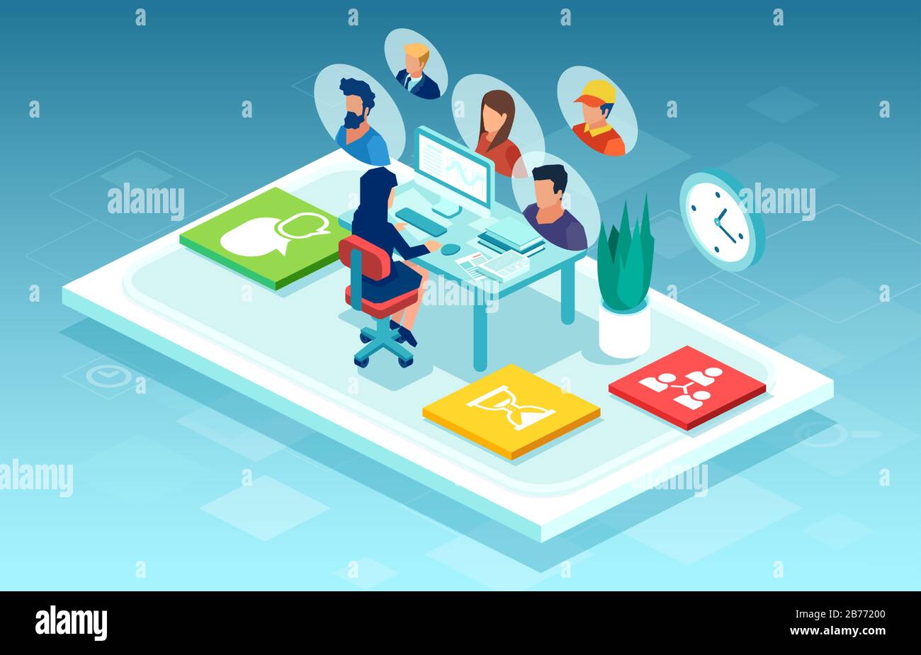 Vektor einer Geschäftsfrau, die am Schreibtisch sitzt und online mit Teammitgliedern im Computerplaudern chattet Stock Vektor