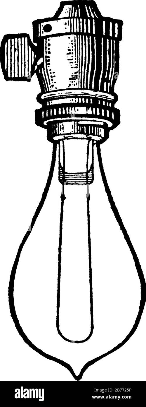 Ansicht einer Glühbirne, die zwischen zwei Metallplatten, die mit Strom verbunden sind, einen Draht (normalerweise Wolfram) hat, der mit Vintage-Line-Drawi verbunden ist Stock Vektor