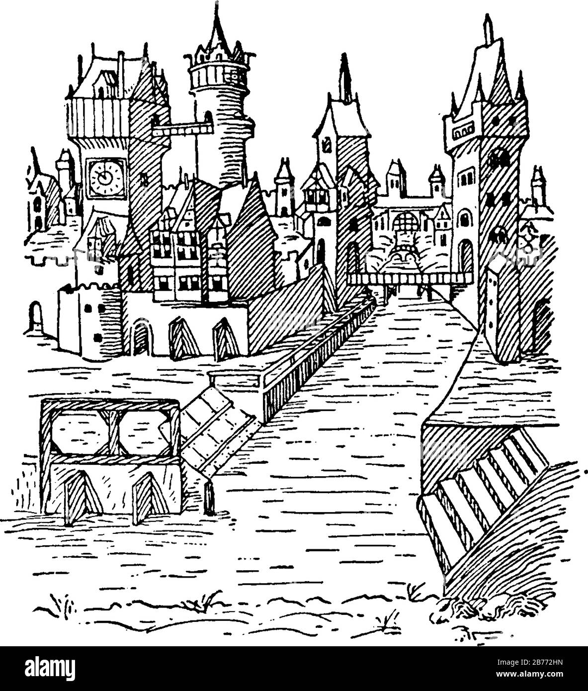 Die mittelalterliche Stadt des Heiligen römischen Imperiums im Jahre 1491 zeigt das heilige Römchenreich in drei verschiedenen Bildern darin, Vintage-Linien-Zeichnung oder Gravur Stock Vektor