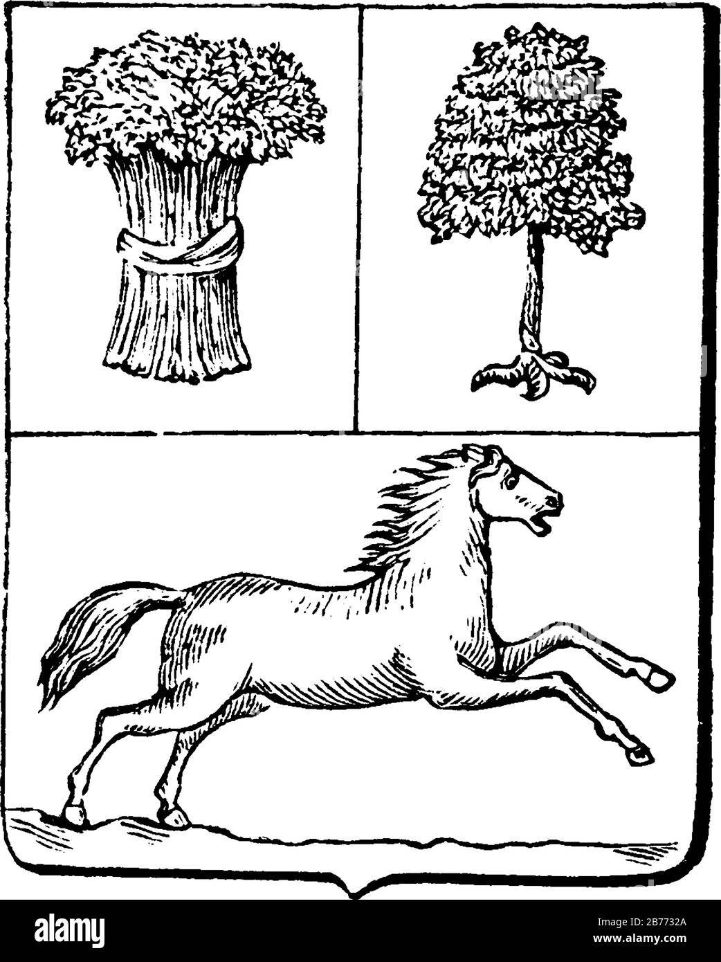 Das Wappen Venezuelas, dargestellt mit drei Abschnitten, einem Haufen von 24 zusammengebundenen Weizenhalmen, einem Baum mit Krallen an der Basis und einem wilden Pferd, vint Stock Vektor