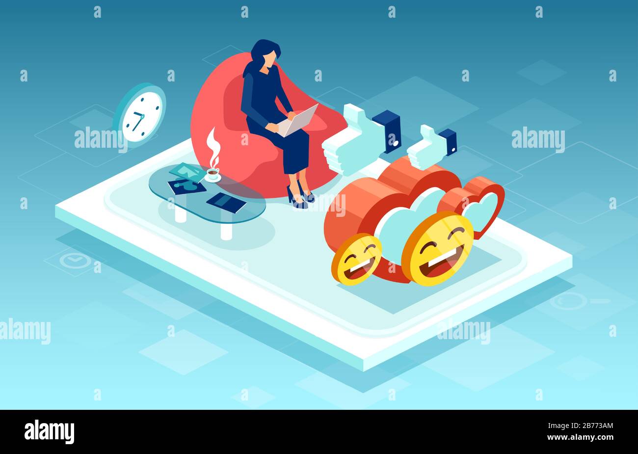 Vektor einer Frau, die an einem Laptop arbeitet, der virale Inhalte auf der Social-Media-Plattform teilt und positives Feedback gewinnt Stock Vektor