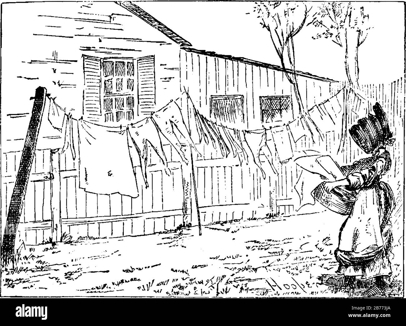Frauen, die einen Wäschekorb und eine hängende Wäsche außerhalb des Hauses auf der Linie halten, um die Zeichnung oder Gravur von Vintage-Linien zu trocknen. Stock Vektor