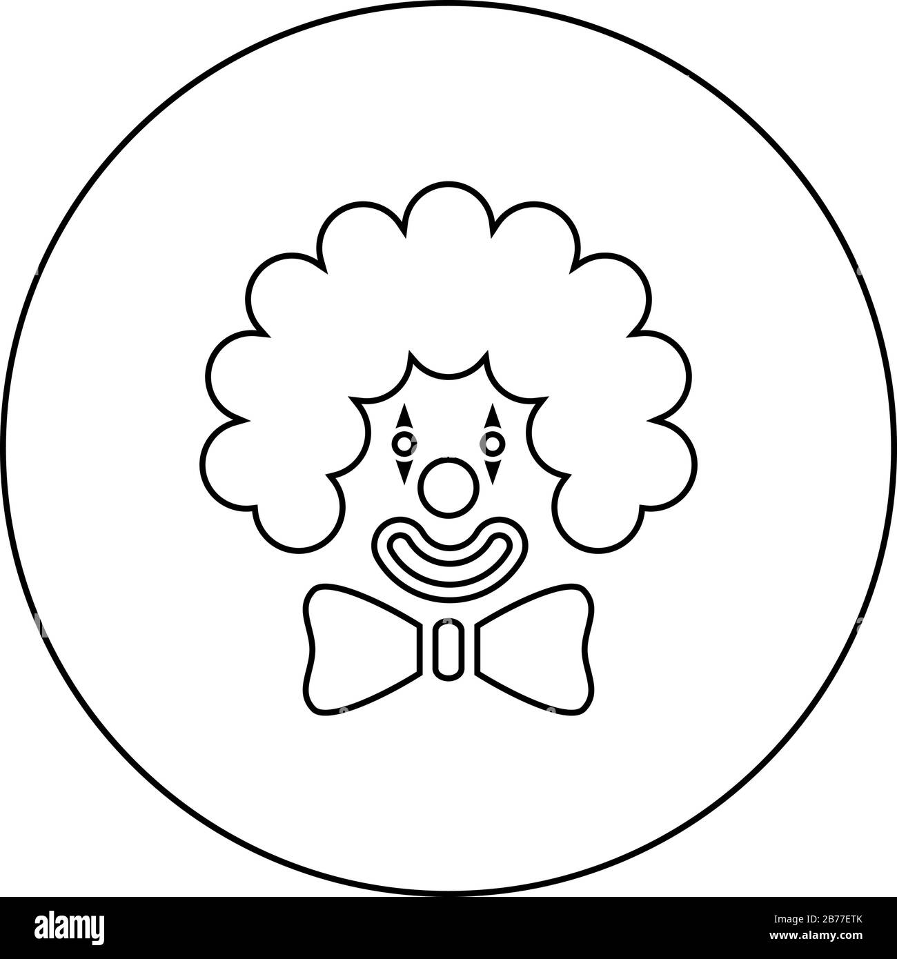 Clown Face Head mit großem Bogen und lockigen Haaren Circus Carnival Funny laden Concept Icon im Kreis runder Umriss schwarze Farbvektor-Illustration flach ein Stock Vektor