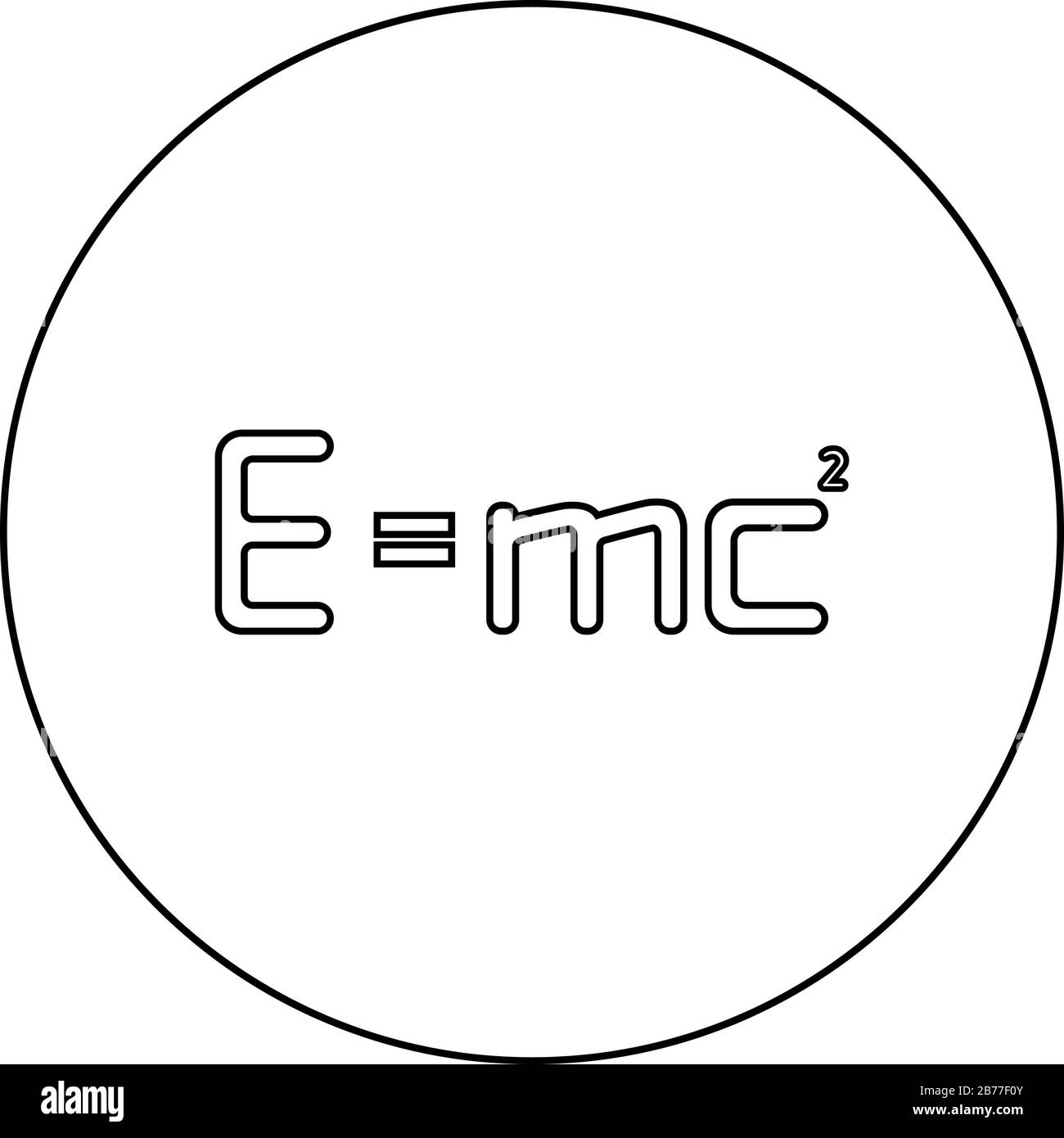E=mc Quadrat Energie Formel Physikalisches Gesetz E=mc Zeichen e gleich mc 2 Bildungskonzept Relativitätstheorie Symbol im Kreis runder Umriss schwarze Farbe Stock Vektor