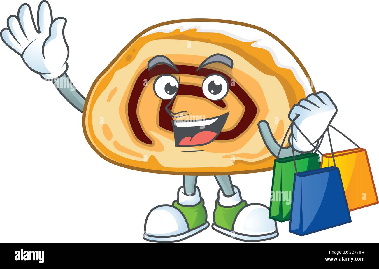 Smiley-reiches maskottchen mit Schweizer Rollen-Design und Einkaufstasche Stock Vektor