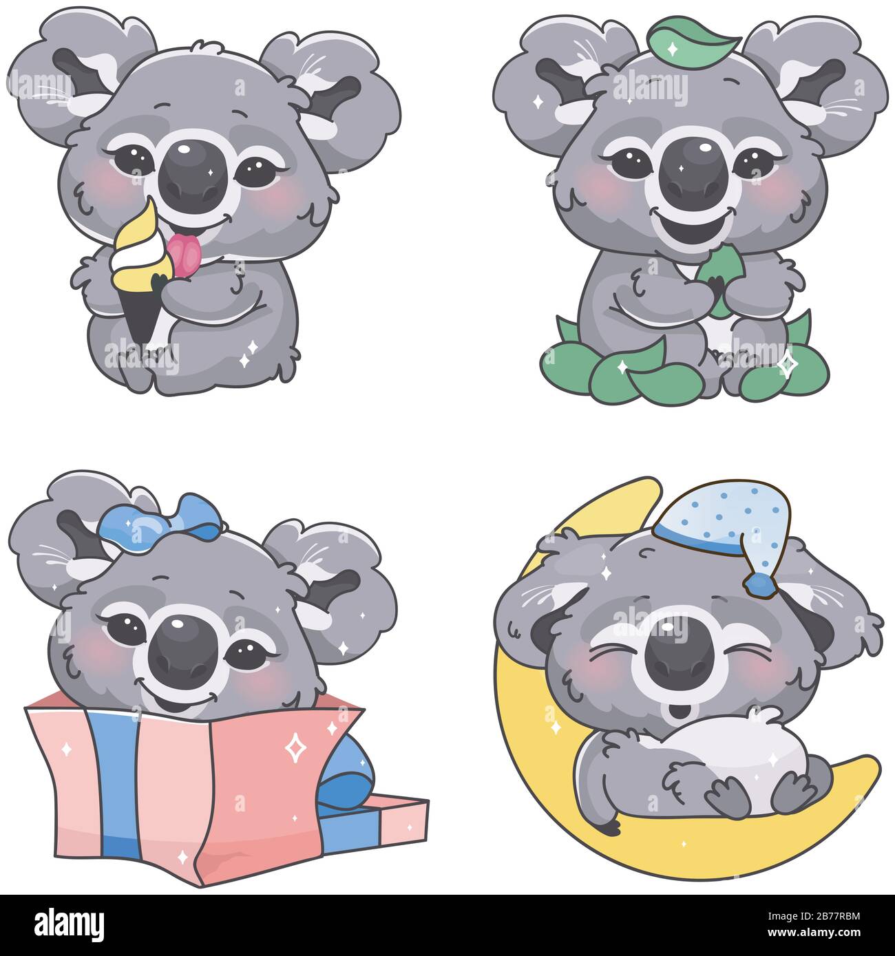 Süße Koala kawaii Cartoon Vektorfiguren gesetzt Stock Vektor