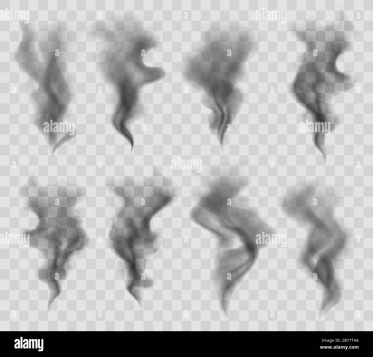 Set aus realistischem, lichtdurchlässigem Rauch oder Dampf, isoliert auf transparentem Hintergrund. Vektorgrafiken. Stock Vektor