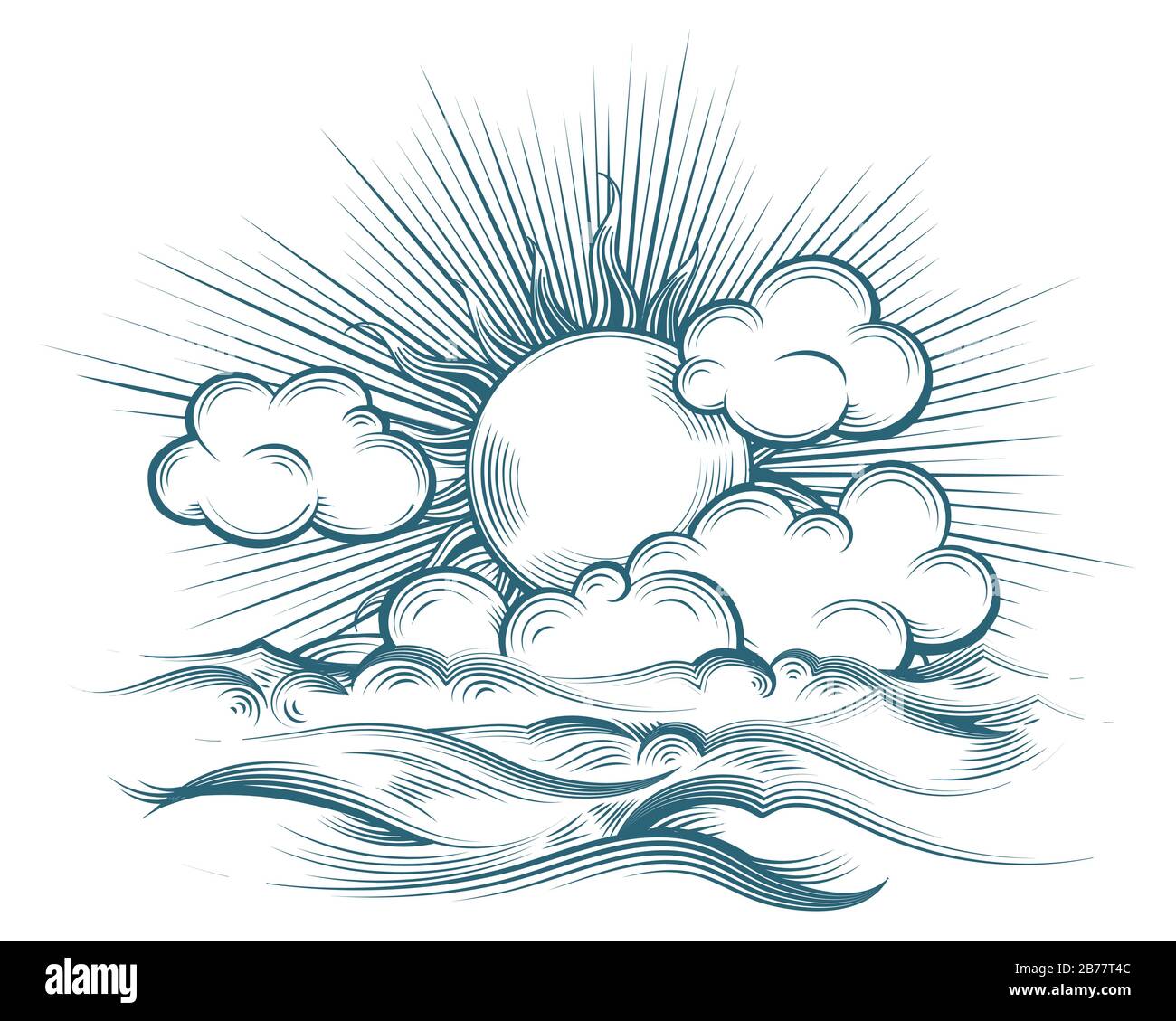 Sonne und Meer im Gravurstil. Vintage gravierten Himmel mit Wellentextur und Sonnenradierung auf weißem Hintergrund. Vektorgrafiken. Stock Vektor