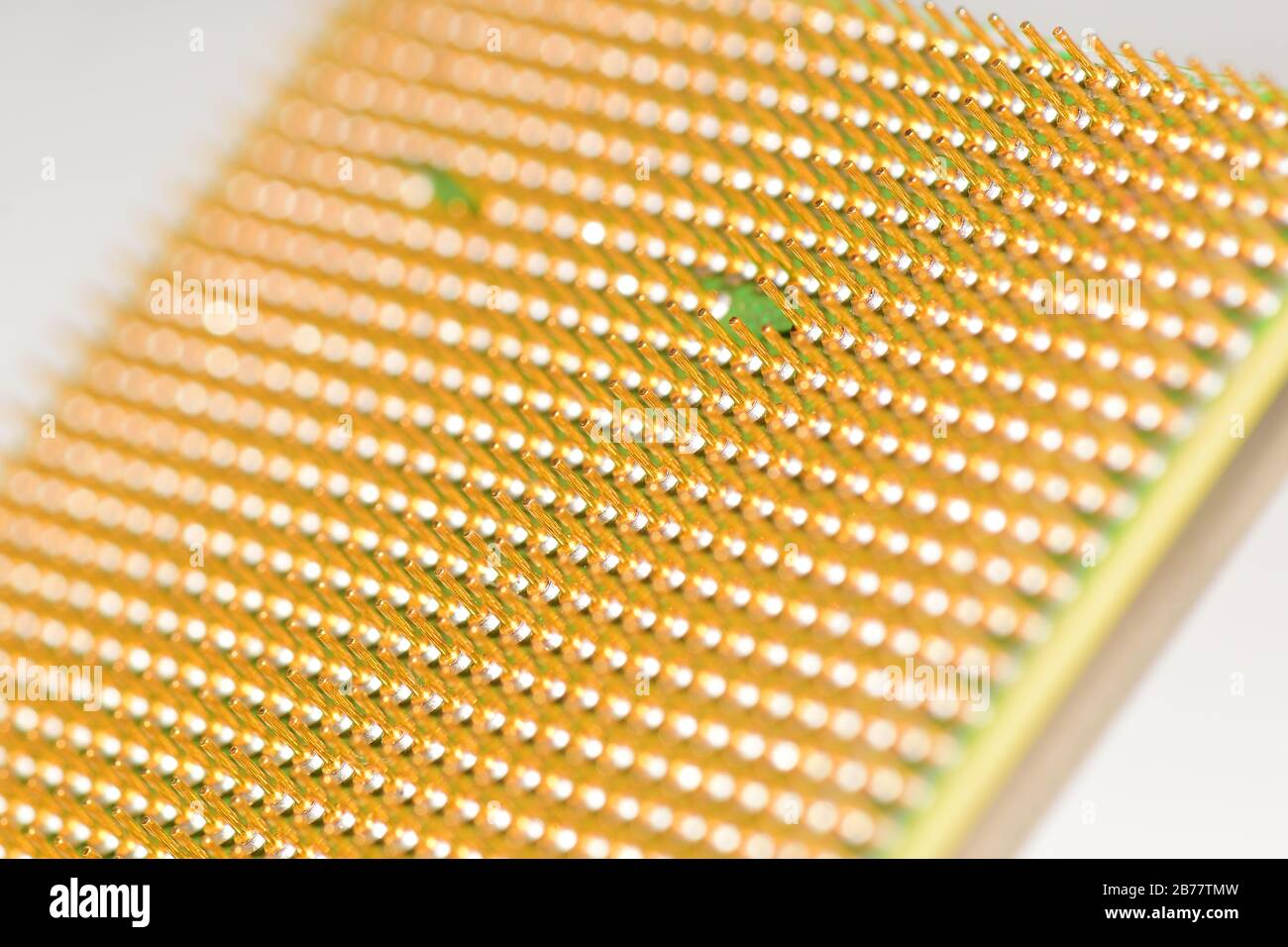 Zentrale Prozessoreinheit - CPU. Goldene Stifte eines Kerns. Geringe Schärfentiefe. Zentriert. Stockfoto