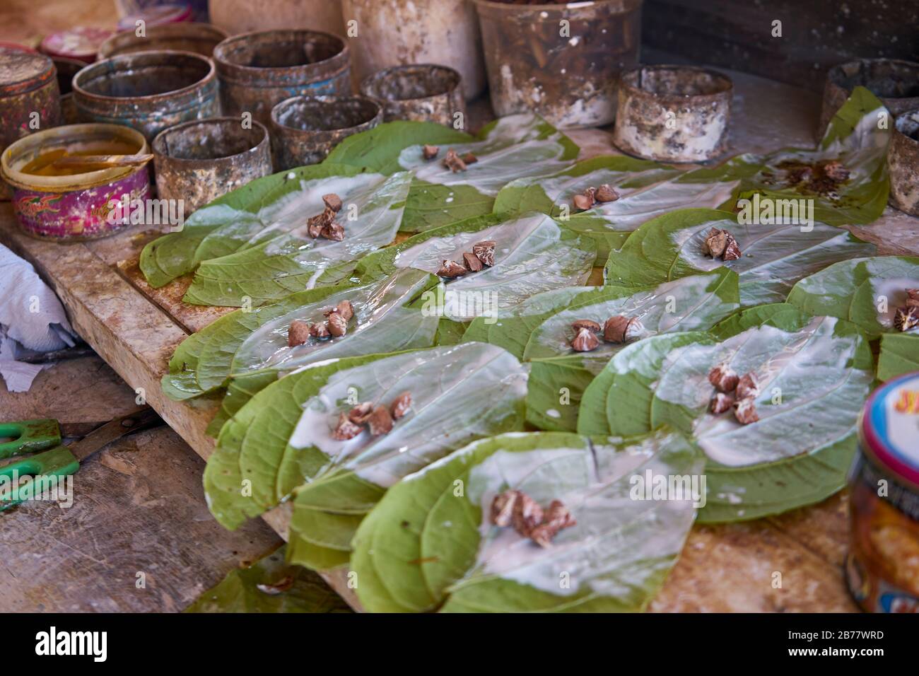 Betelnüsse (Areca catechu), auf mit gelöschtem Kalk bestrickenen Blättern, Markt von Demoso, nahe Loikaw, Kayah-Staat, Myanmar Stockfoto