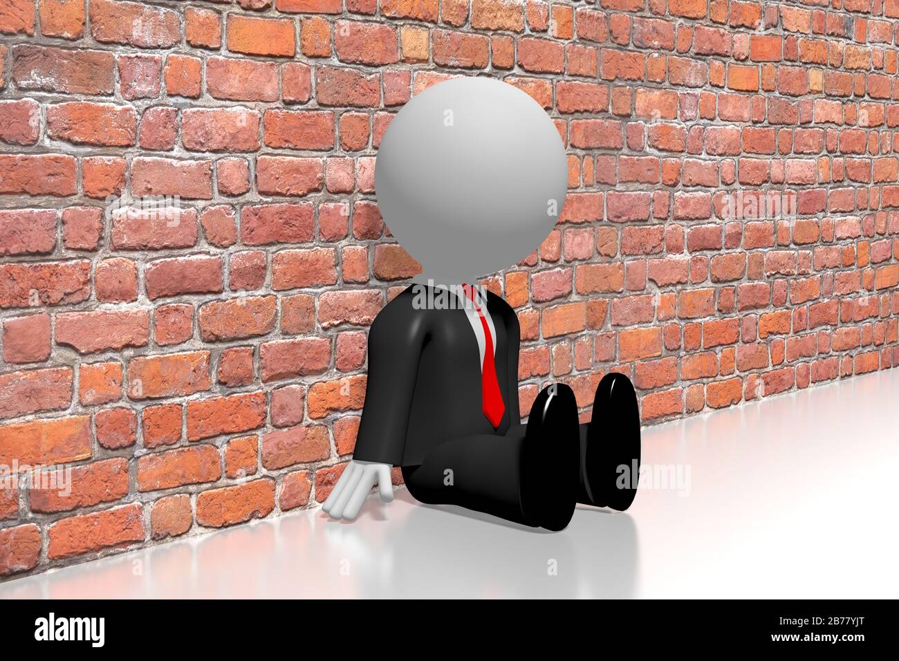 Traurige Cartoon-Figur neben einer Wand sitzend Stockfoto