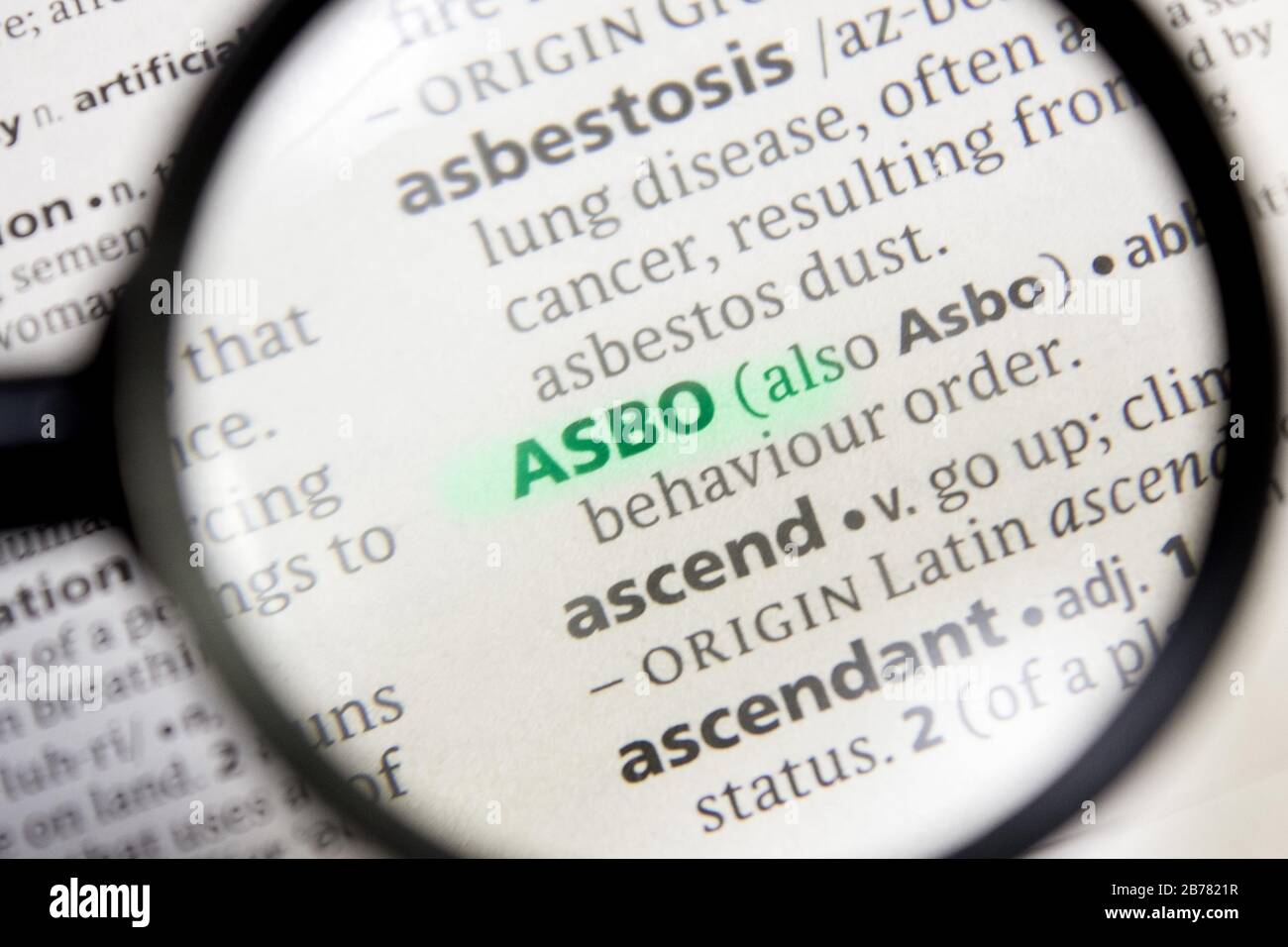 ASBO-Wort oder -Ausdruck in einem Wörterbuch Stockfoto