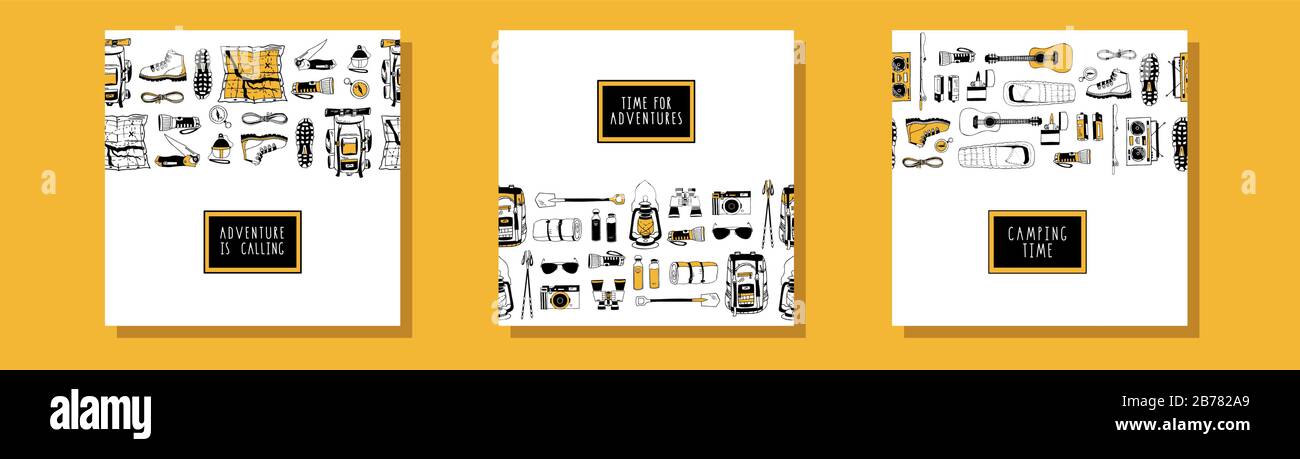 Set von Vektor-Karten-Vorlagen für Camping, Tourismus, Reise-Design. Traditionelle Wandersymbole. Rucksack, Stiefel, Kompass, Karte, Sturmlampe. Modern Stock Vektor