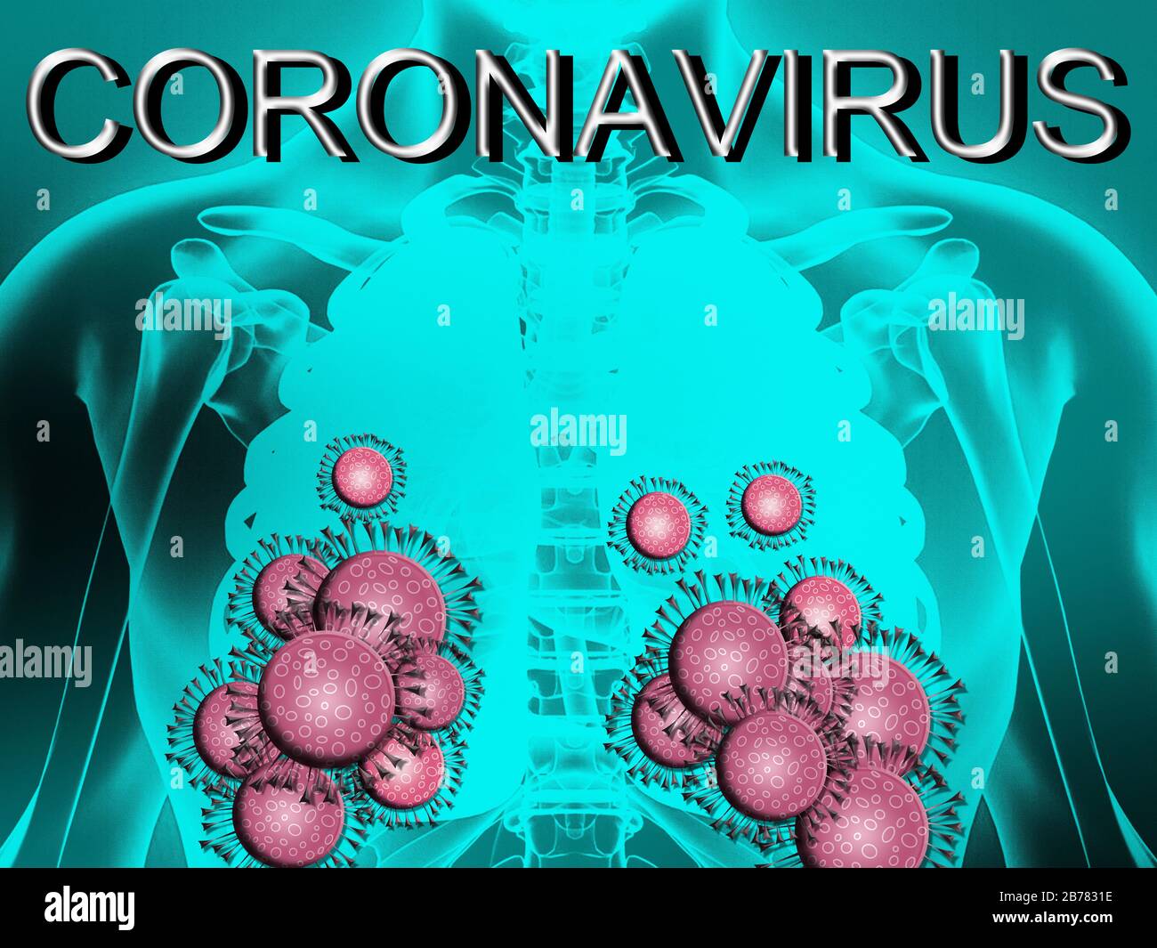 Abbildung: Mit Coronavirus infizierte Lungen. Covid-19-Moleküle lagerten sich auf der Lunge ab. Blauer Hintergrund und Beschriftung Coronavirus. Stockfoto