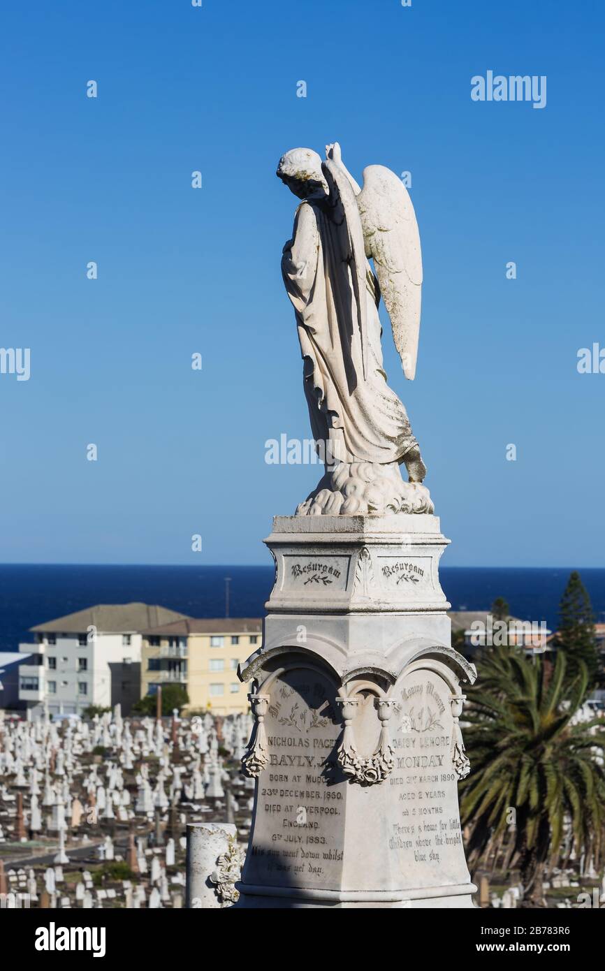 Die Waverley Cemetry ist eine unter Denkmalschutz stehende Cemetrie auf den Klippen in Bronte in den östlichen Vororten von Sydney, NSW, Australien. Die Küstenwanderung wa Stockfoto