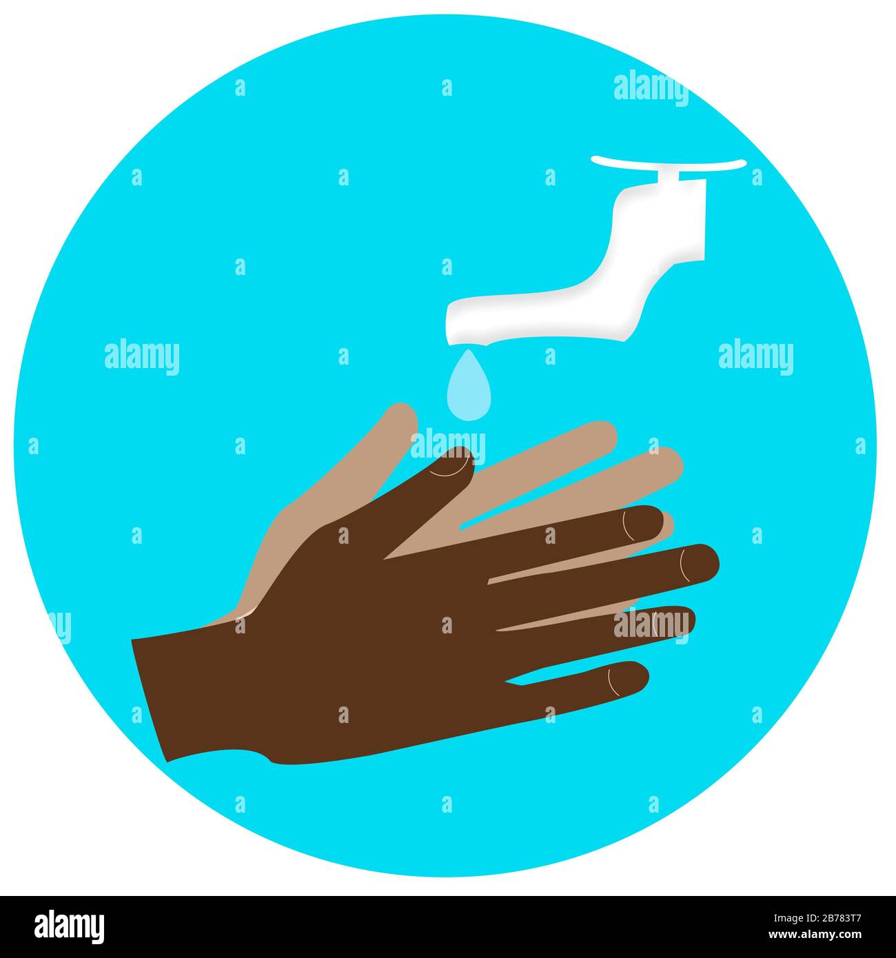 Darstellung der Hygiene. Farbiges Handwaschsymbol im flachen Design. Wasserhahn mit Wassertropfen über dem Waschen der Hände im Kreis. Stockfoto