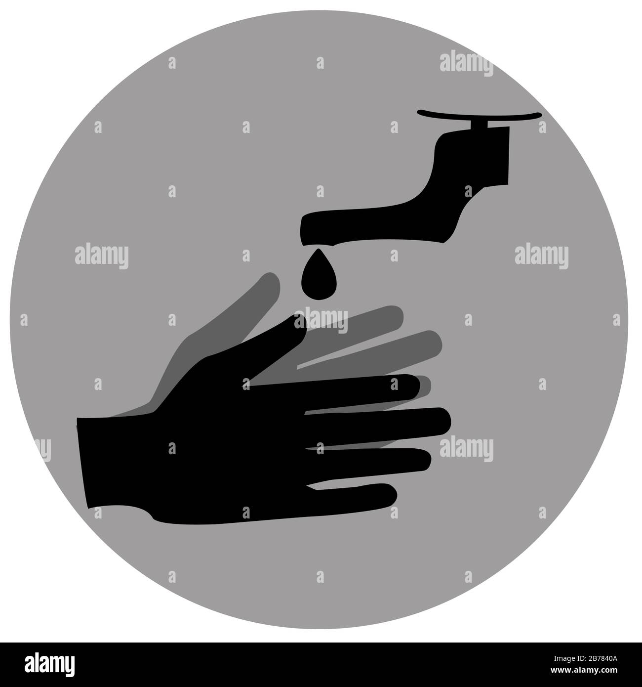 Einfarbiges Symbol zum Waschen der Hände in flachem Design. Wasserhahn mit Wassertropfen über dem Waschen der Hände im Kreis. Stockfoto