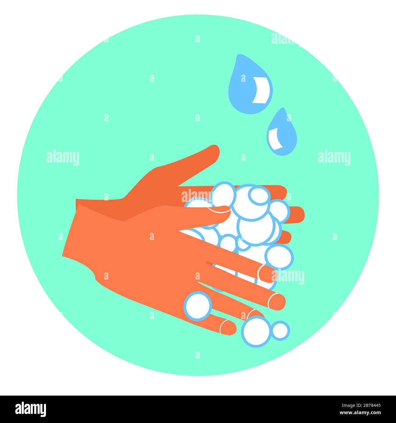 Abbildung. Symbol für Händewaschen. Symbol für Anweisungen zum Händewaschen. Prävention von Coronavirus-Infektionen. Covid-19 flaches Design. Stockfoto