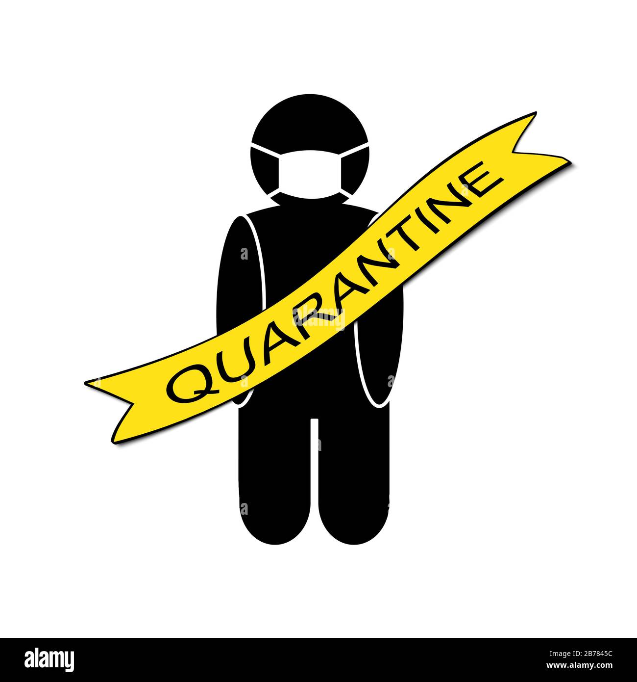 Bedrohung durch Coronavir. Silhouette eines Mannes mit Atemmaske, das mit gelbem Band mit dem Wort Quarantäne gekreuzt ist. Stockfoto