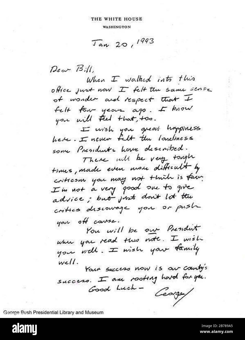 George H. W. Bush Brief an den neuen präsidenten Bill Clinton. Stockfoto