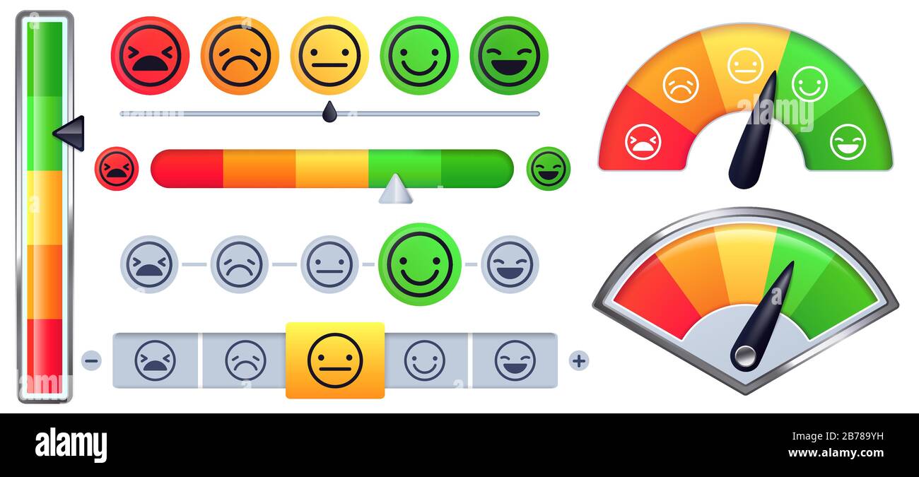Messskala für Kundenzufriedenheit. Kundenrate mit grünem Lächeln und traurigen roten Gesichtern, Emotionsmessungen Skalen Vektor-Set Stock Vektor