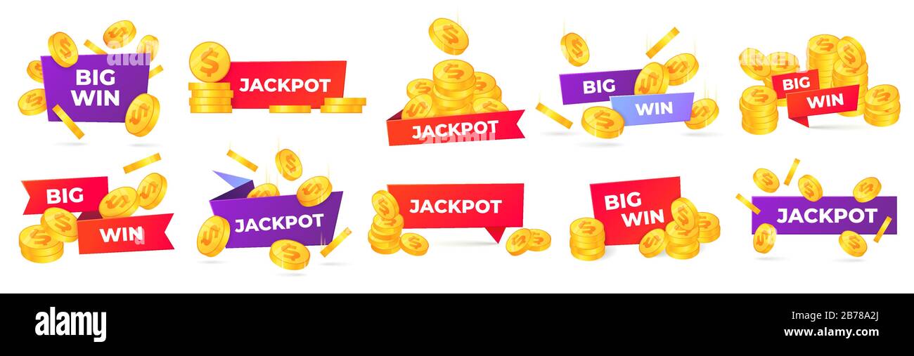 Jackpot und große Gewinn-Labels. Gewinner Glückwünsche Banner, Geldpreis und Casino-Preise Label Vector Set Stock Vektor