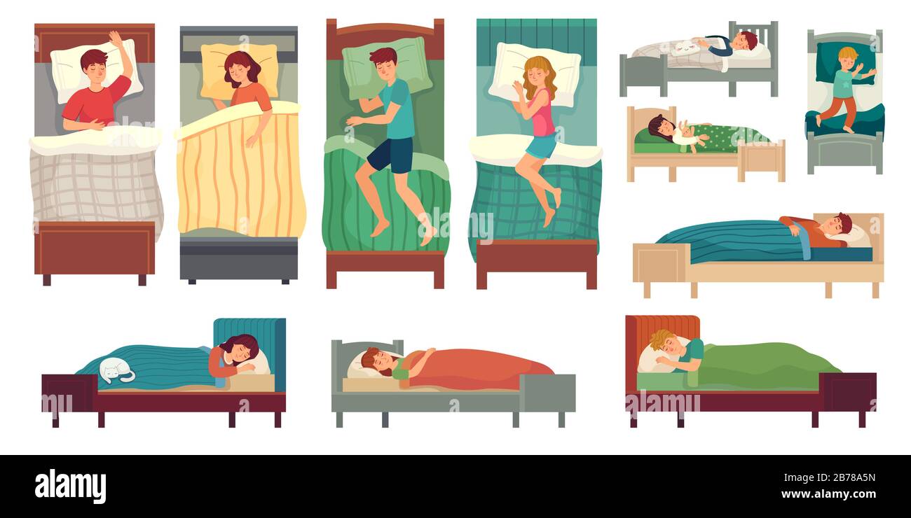 Leute, die in Betten schlafen. Erwachsener im Bett, schlafende Frau und kleine Kinder schlafen Vektor-Illustration Set Stock Vektor