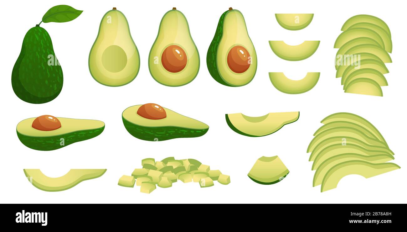 Cartoon Avocado. Reife Avocados Früchte, gesunde nahrhafte natürliche Nahrung und Avocadoscheiben Vektor-Illustrationssatz Stock Vektor