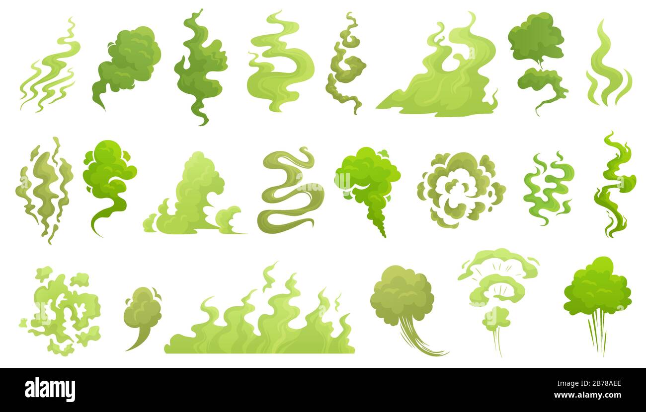 Rauch riecht. Schlechter Geruch Wolke, grüner Stinkaroma und stinkiger Rauch Cartoon-Vektor Illustrartion Set Stock Vektor