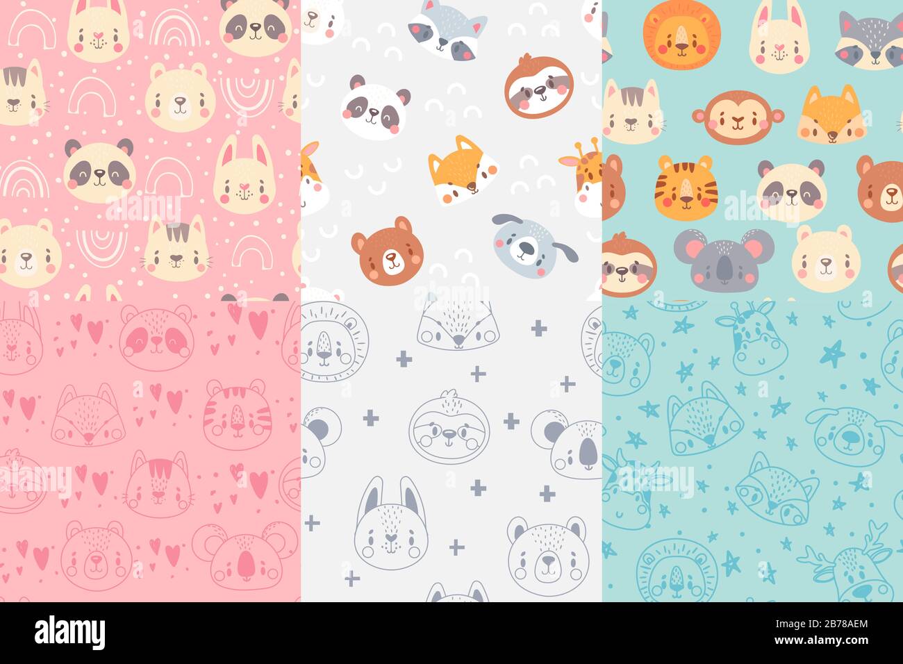 Nahtloses Muster für Tiere. Niedliche Tierköpfe, handgezeichnete Zootiere porträtieren Muster für Kinder Vektor-Illustration Set Stock Vektor