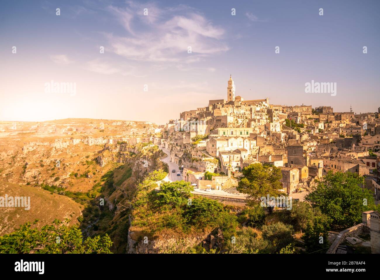 Sonnenuntergang über Sassi di Matera, Basilikata, Italien. Stockfoto